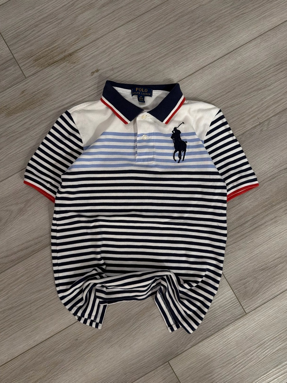 Kids Polo Ralph Lauren white and navy striped polo shirt with big logo